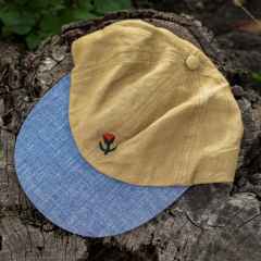 *RON'S BIKES* linen tulip cap (yellow tan/chambray)